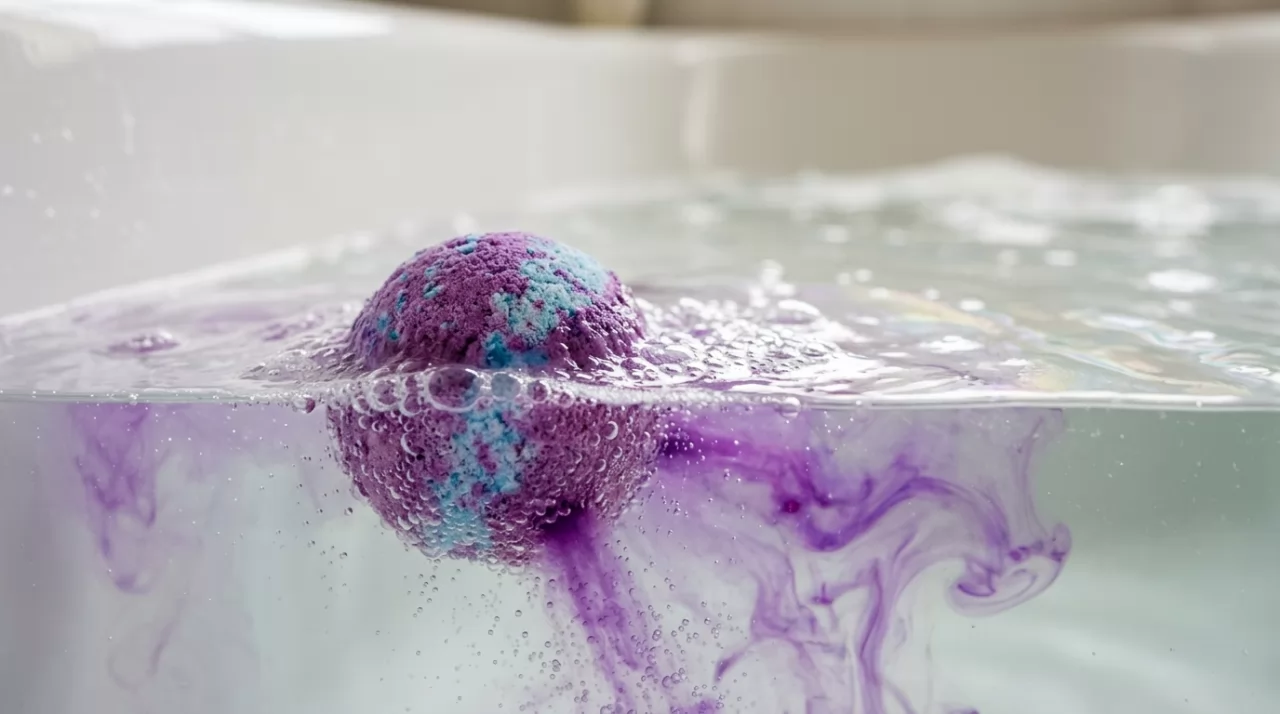 A bath bomb dissolving in warm water, releasing streams of tiny bubbles and swirls of purple color