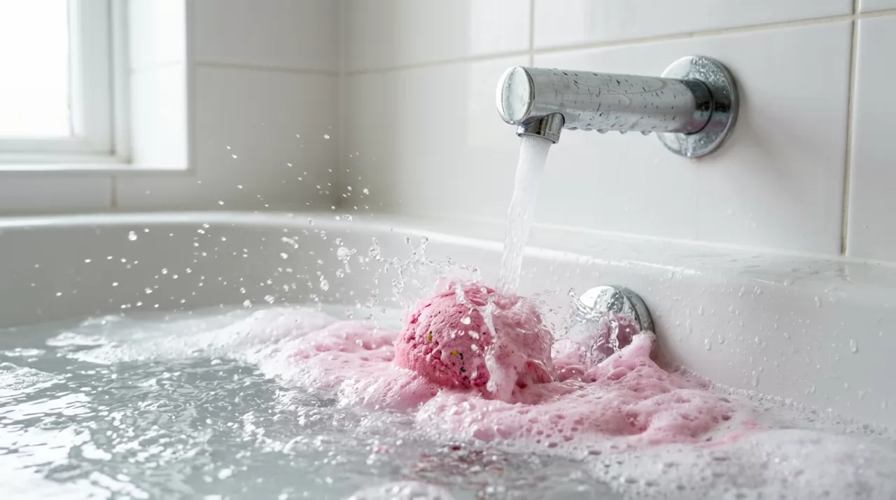 A bath bomb under a running tap, creating a thick mound of pink foam in a half-filled white bathtub