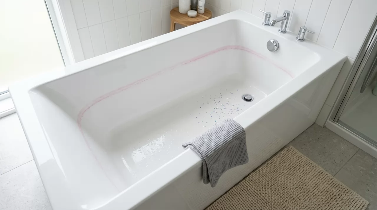 A drained white bathtub with a faint pink dye ring, glitter near the drain and a cloth folded on the rim